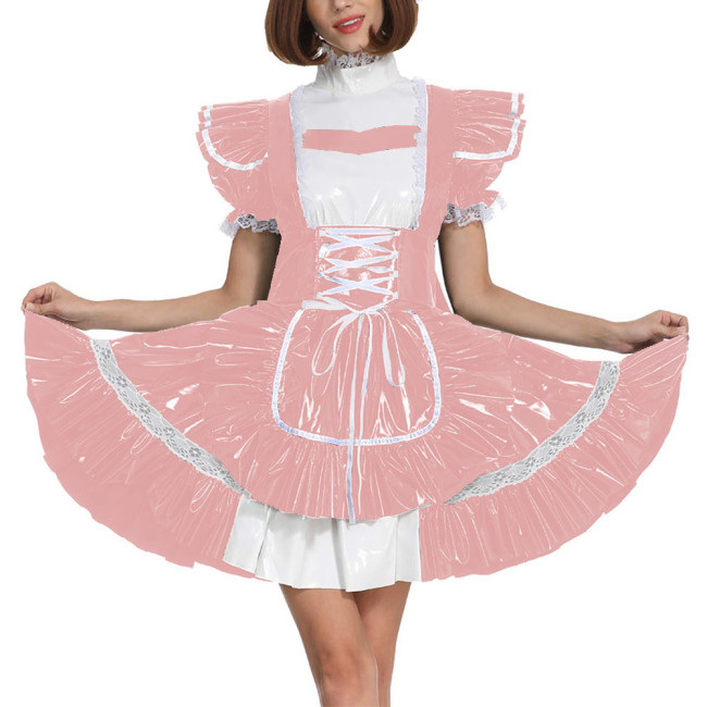 Sissy Glossy Lolita Dress Short Puff Sleeve French Miad A-Line Dress PVC Leather Men Maid Cosplay Costume Patent Leather Uniform