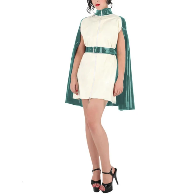 Wetlook Chic Turtleneck Mini Dress Capes Sissy Buckle PVC Shiny Cloak Tops Fashion Party Patchwork A-line Ponchos Clubwear