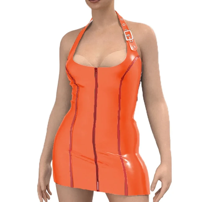 Fetish Queen Sexy Women Bodycon Dress Adjustable Halter Dress Front Zipper Faux Latex Garment Nightclub Rave Cocktail Outfits
