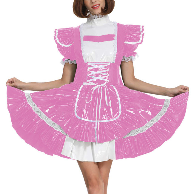 Sissy Glossy Lolita Dress Short Puff Sleeve French Miad A-Line Dress PVC Leather Men Maid Cosplay Costume Patent Leather Uniform