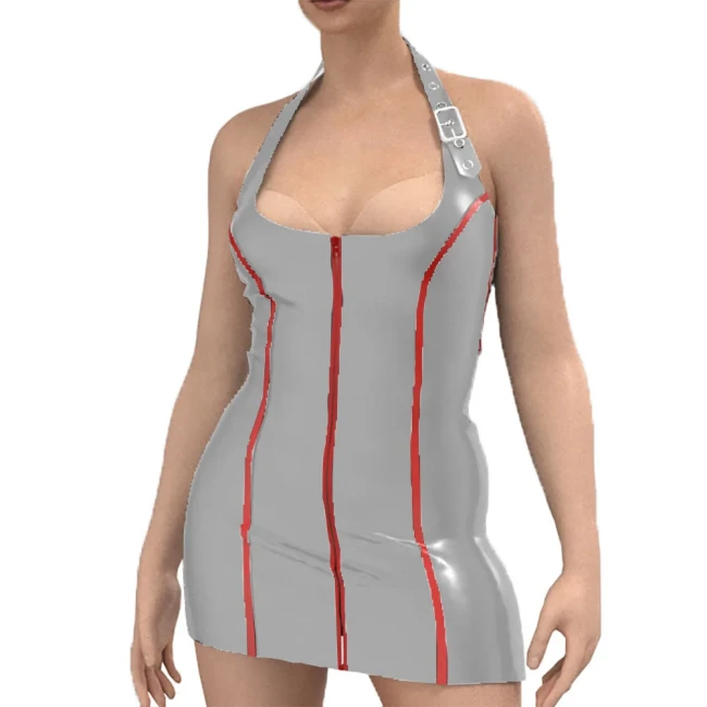 Fetish Queen Sexy Women Bodycon Dress Adjustable Halter Dress Front Zipper Faux Latex Garment Nightclub Rave Cocktail Outfits
