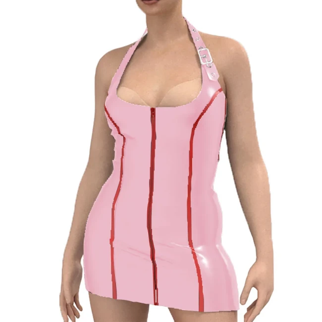 Fetish Queen Sexy Women Bodycon Dress Adjustable Halter Dress Front Zipper Faux Latex Garment Nightclub Rave Cocktail Outfits