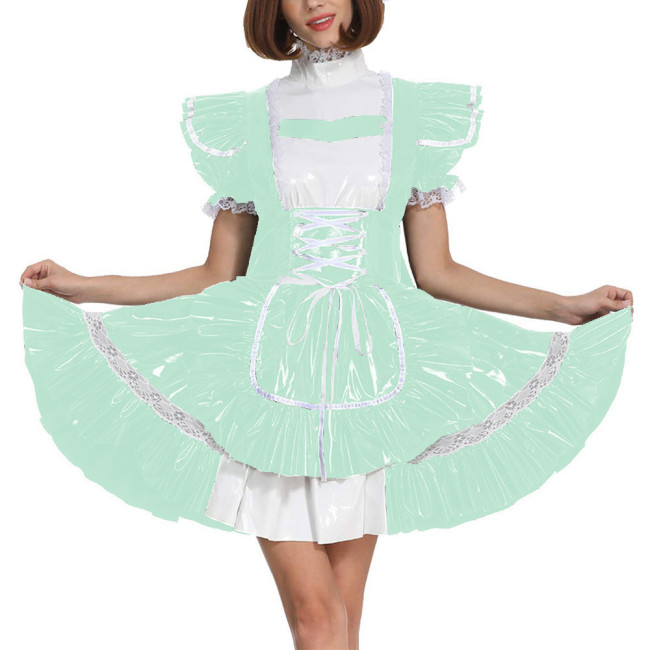 Sissy Glossy Lolita Dress Short Puff Sleeve French Miad A-Line Dress PVC Leather Men Maid Cosplay Costume Patent Leather Uniform