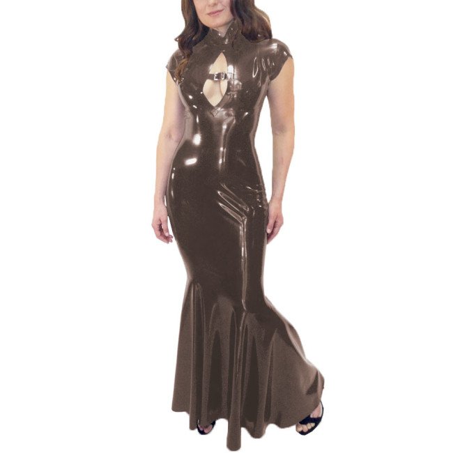 Wetlook Mermaid Dress Women Elegant Glossy PVC Leather Maxi Dress Party Sexy Stretch PU Slim Dresses Front Hollow Out Long Dress