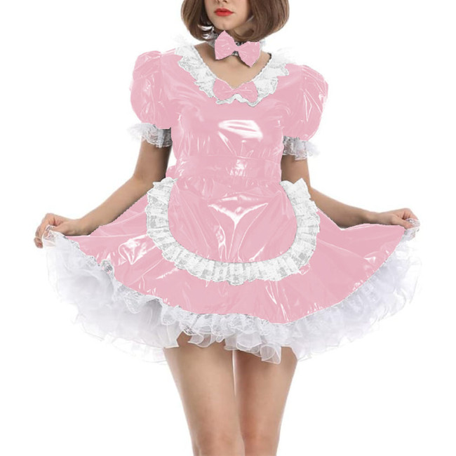 Men Sissy Cute Lolita Cosplay Costume PVC Leather Women Maid Outfit Vinyl Patent Leather Short Puff Sleeve Animation Show Outfit