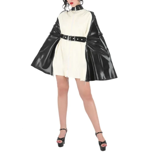 Wetlook Chic Turtleneck Mini Dress Capes Sissy Buckle PVC Shiny Cloak Tops Fashion Party Patchwork A-line Ponchos Clubwear