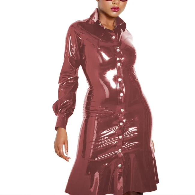 Single Row Button Up Dress Turn-down Collar Long Sleeved Dress Wetlook PVC Leather Female Clothing Fashion High Street Attire