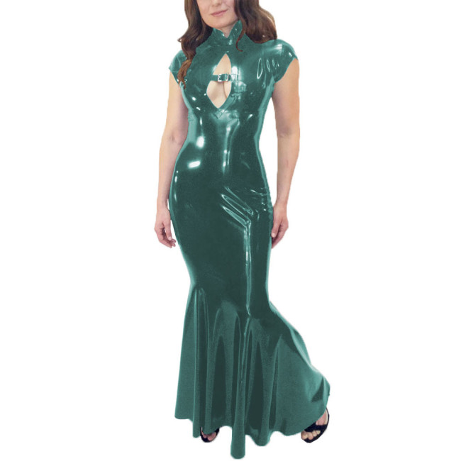 Wetlook Mermaid Dress Women Elegant Glossy PVC Leather Maxi Dress Party Sexy Stretch PU Slim Dresses Front Hollow Out Long Dress