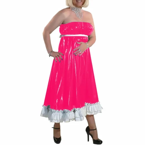 Women Long Party Evening Dresses PVC Leather Starpless Elegance Ankle-length Dress Female High Waist Ruffled Dresses Night Party
