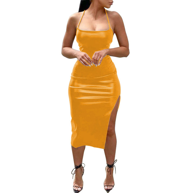 Wet Look Strapless Bodycon Midi Dress Office Lady Faux Leather OFF Shoulder Party Club Sexy Dress Summer Solid Night Streetwear