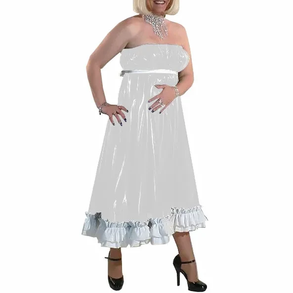 Women Long Party Evening Dresses PVC Leather Starpless Elegance Ankle-length Dress Female High Waist Ruffled Dresses Night Party