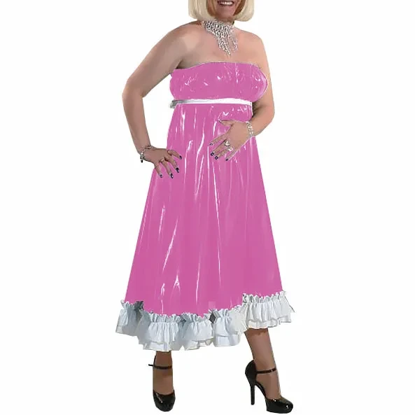 Women Long Party Evening Dresses PVC Leather Starpless Elegance Ankle-length Dress Female High Waist Ruffled Dresses Night Party