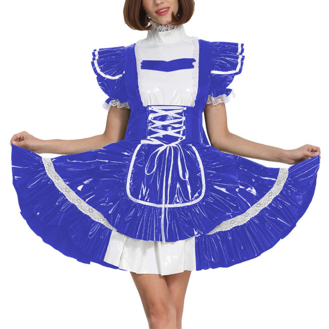 Sissy Glossy Lolita Dress Short Puff Sleeve French Miad A-Line Dress PVC Leather Men Maid Cosplay Costume Patent Leather Uniform