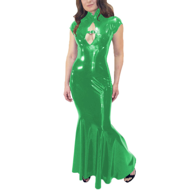 Wetlook Mermaid Dress Women Elegant Glossy PVC Leather Maxi Dress Party Sexy Stretch PU Slim Dresses Front Hollow Out Long Dress