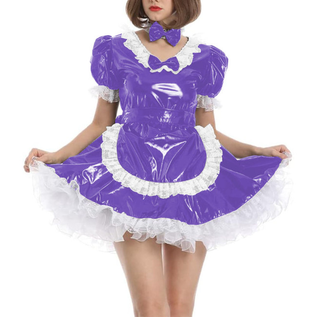 Men Sissy Cute Lolita Cosplay Costume PVC Leather Women Maid Outfit Vinyl Patent Leather Short Puff Sleeve Animation Show Outfit