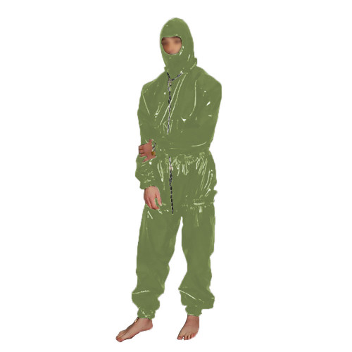 Lockable PVC Catsuit Patent Leather Loose Hooded Bodysuits Sexy Hot Wet Look Tights Shiny PU Leather Long Sleeve Overall Cosplay