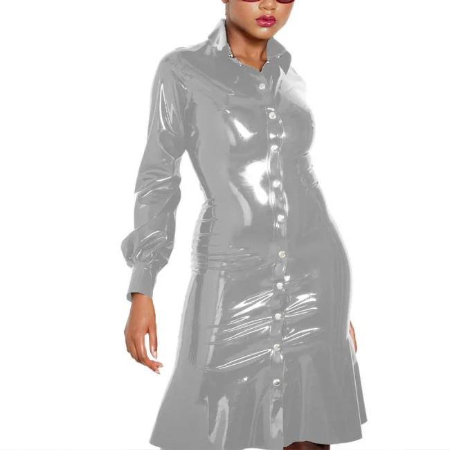 Single Row Button Up Dress Turn-down Collar Long Sleeved Dress Wetlook PVC Leather Female Clothing Fashion High Street Attire