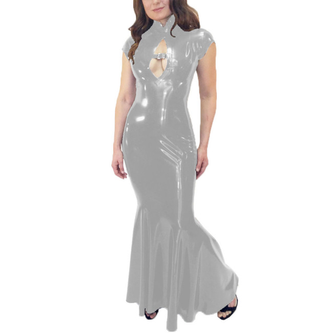 Wetlook Mermaid Dress Women Elegant Glossy PVC Leather Maxi Dress Party Sexy Stretch PU Slim Dresses Front Hollow Out Long Dress