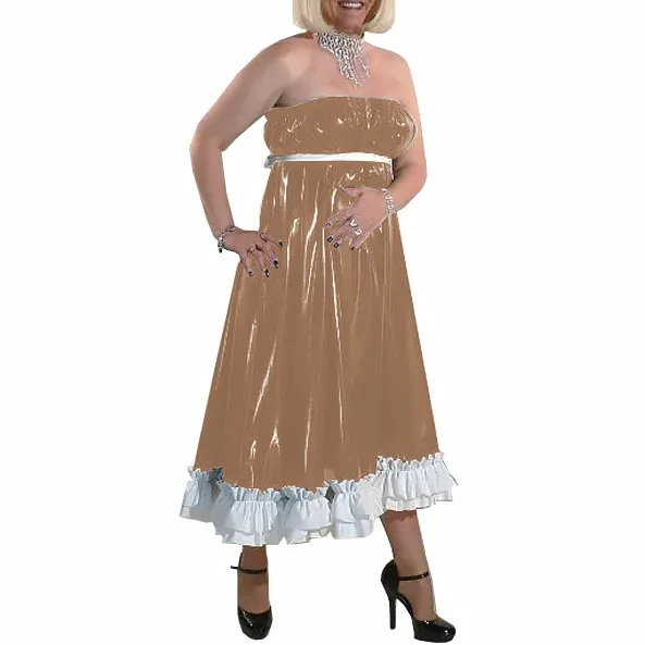 Women Long Party Evening Dresses PVC Leather Starpless Elegance Ankle-length Dress Female High Waist Ruffled Dresses Night Party
