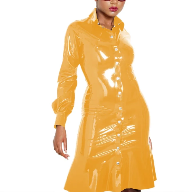Single Row Button Up Dress Turn-down Collar Long Sleeved Dress Wetlook PVC Leather Female Clothing Fashion High Street Attire