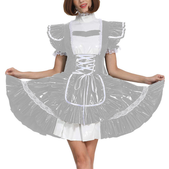 Sissy Glossy Lolita Dress Short Puff Sleeve French Miad A-Line Dress PVC Leather Men Maid Cosplay Costume Patent Leather Uniform