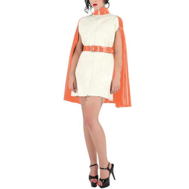 Wetlook Chic Turtleneck Mini Dress Capes Sissy Buckle PVC Shiny Cloak Tops Fashion Party Patchwork A-line Ponchos Clubwear
