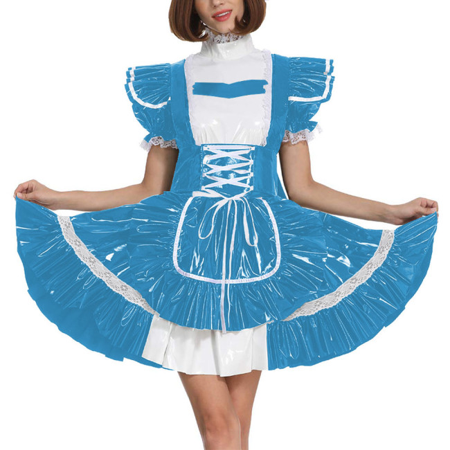Sissy Glossy Lolita Dress Short Puff Sleeve French Miad A-Line Dress PVC Leather Men Maid Cosplay Costume Patent Leather Uniform
