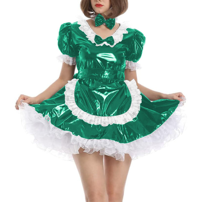 Men Sissy Cute Lolita Cosplay Costume PVC Leather Women Maid Outfit Vinyl Patent Leather Short Puff Sleeve Animation Show Outfit