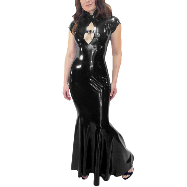 Wetlook Mermaid Dress Women Elegant Glossy PVC Leather Maxi Dress Party Sexy Stretch PU Slim Dresses Front Hollow Out Long Dress