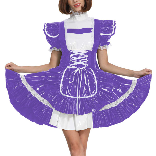 Sissy Glossy Lolita Dress Short Puff Sleeve French Miad A-Line Dress PVC Leather Men Maid Cosplay Costume Patent Leather Uniform