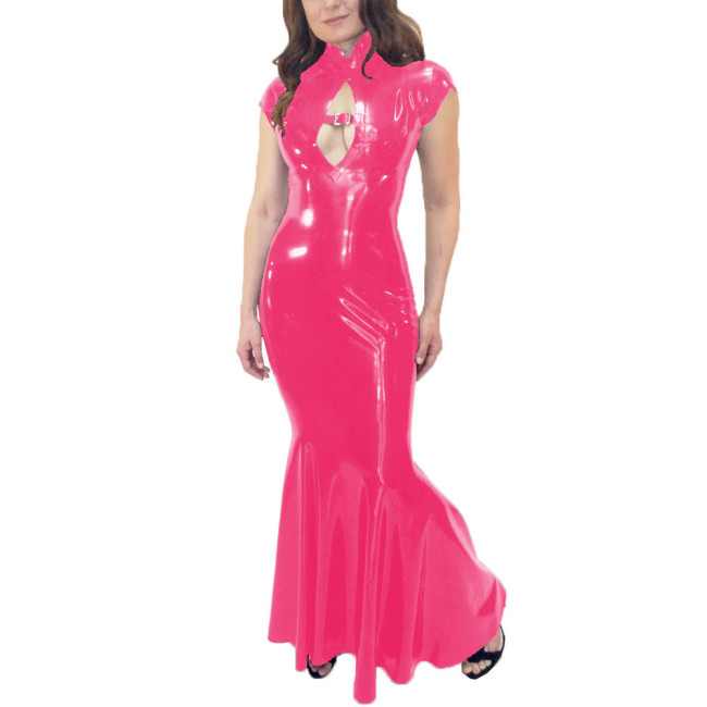 Wetlook Mermaid Dress Women Elegant Glossy PVC Leather Maxi Dress Party Sexy Stretch PU Slim Dresses Front Hollow Out Long Dress