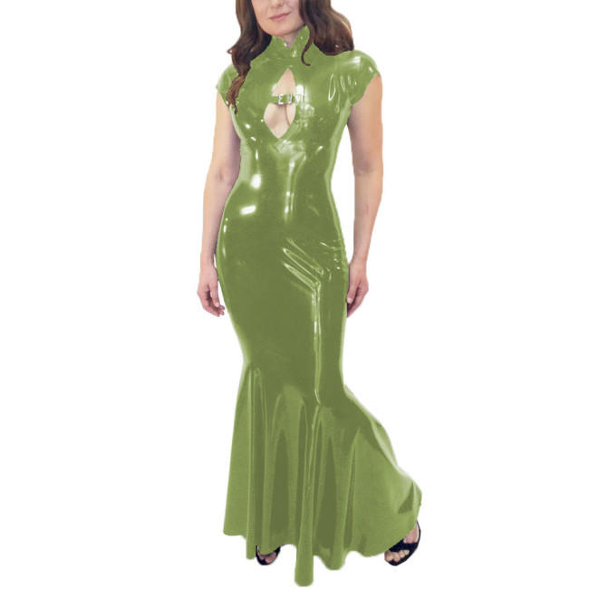 Wetlook Mermaid Dress Women Elegant Glossy PVC Leather Maxi Dress Party Sexy Stretch PU Slim Dresses Front Hollow Out Long Dress