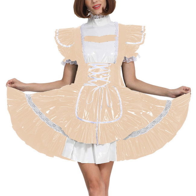 Sissy Glossy Lolita Dress Short Puff Sleeve French Miad A-Line Dress PVC Leather Men Maid Cosplay Costume Patent Leather Uniform