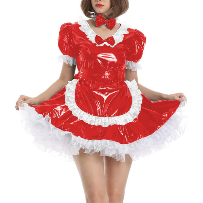 Men Sissy Cute Lolita Cosplay Costume PVC Leather Women Maid Outfit Vinyl Patent Leather Short Puff Sleeve Animation Show Outfit