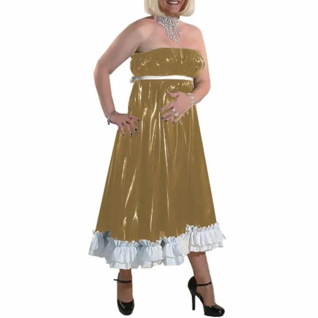 Women Long Party Evening Dresses PVC Leather Starpless Elegance Ankle-length Dress Female High Waist Ruffled Dresses Night Party