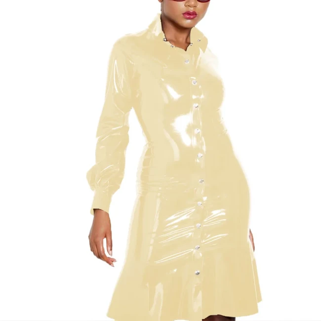 Single Row Button Up Dress Turn-down Collar Long Sleeved Dress Wetlook PVC Leather Female Clothing Fashion High Street Attire