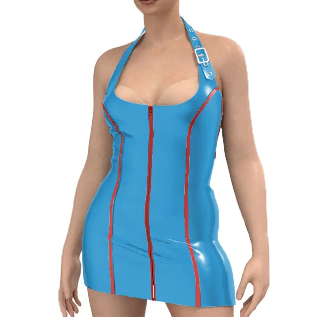 Fetish Queen Sexy Women Bodycon Dress Adjustable Halter Dress Front Zipper Faux Latex Garment Nightclub Rave Cocktail Outfits