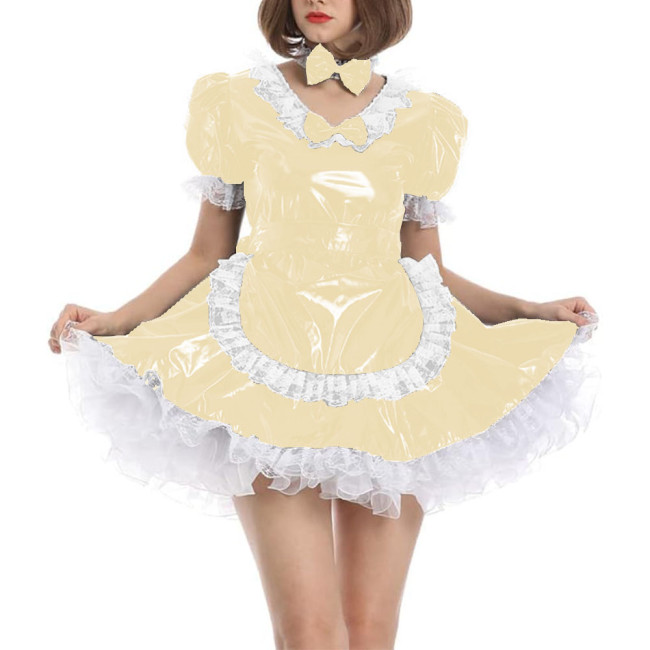Men Sissy Cute Lolita Cosplay Costume PVC Leather Women Maid Outfit Vinyl Patent Leather Short Puff Sleeve Animation Show Outfit
