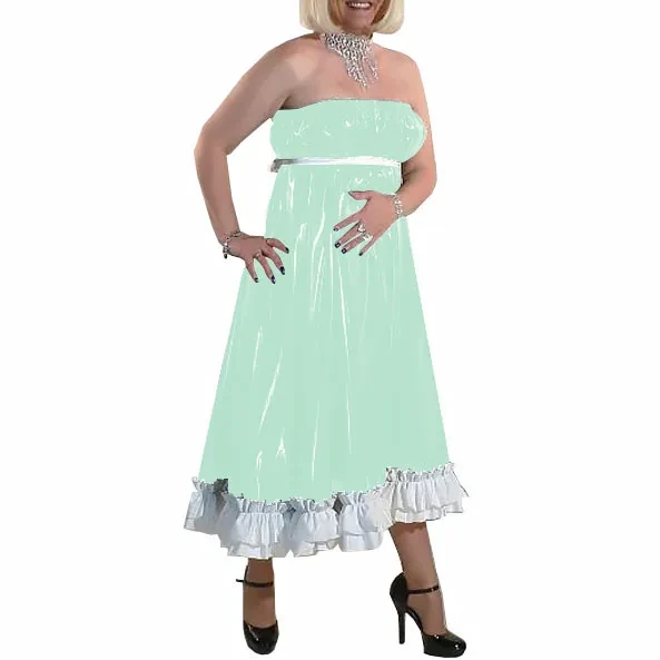 Women Long Party Evening Dresses PVC Leather Starpless Elegance Ankle-length Dress Female High Waist Ruffled Dresses Night Party