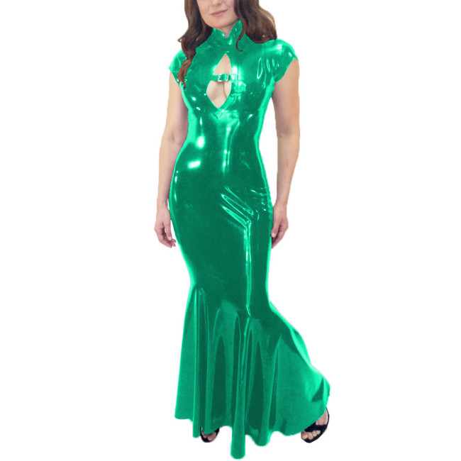 Wetlook Mermaid Dress Women Elegant Glossy PVC Leather Maxi Dress Party Sexy Stretch PU Slim Dresses Front Hollow Out Long Dress