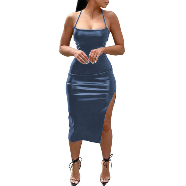 Wet Look Strapless Bodycon Midi Dress Office Lady Faux Leather OFF Shoulder Party Club Sexy Dress Summer Solid Night Streetwear