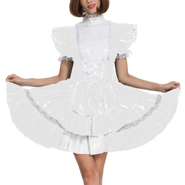 Sissy Glossy Lolita Dress Short Puff Sleeve French Miad A-Line Dress PVC Leather Men Maid Cosplay Costume Patent Leather Uniform