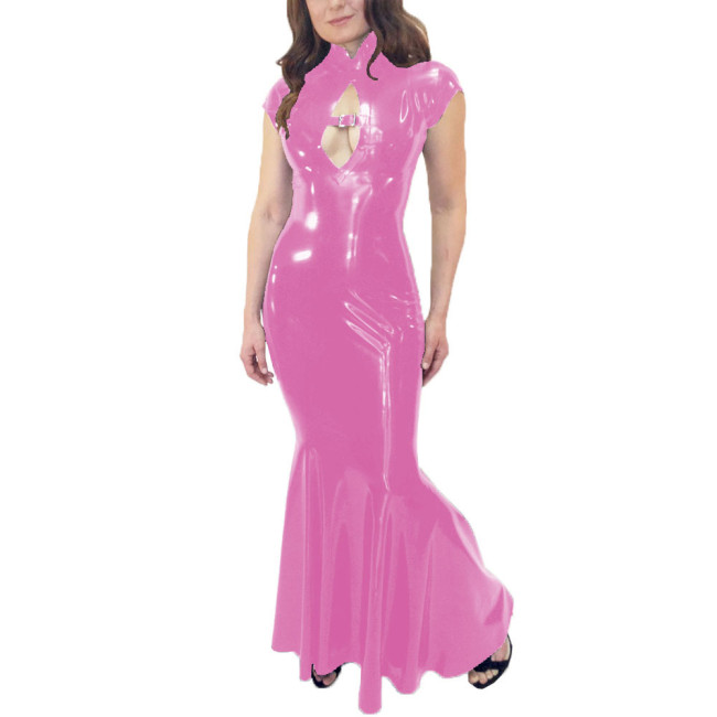 Wetlook Mermaid Dress Women Elegant Glossy PVC Leather Maxi Dress Party Sexy Stretch PU Slim Dresses Front Hollow Out Long Dress