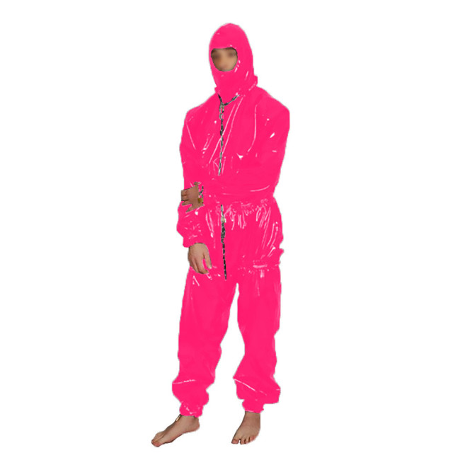 Lockable PVC Catsuit Patent Leather Loose Hooded Bodysuits Sexy Hot Wet Look Tights Shiny PU Leather Long Sleeve Overall Cosplay