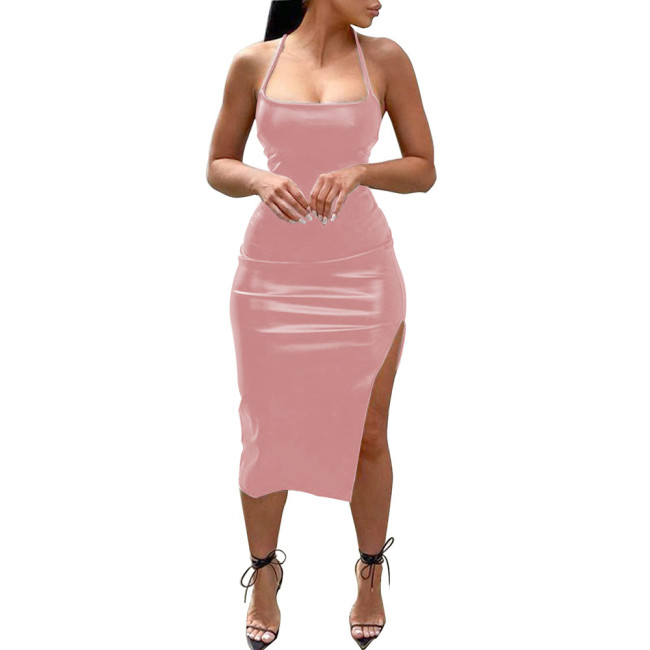Wet Look Strapless Bodycon Midi Dress Office Lady Faux Leather OFF Shoulder Party Club Sexy Dress Summer Solid Night Streetwear