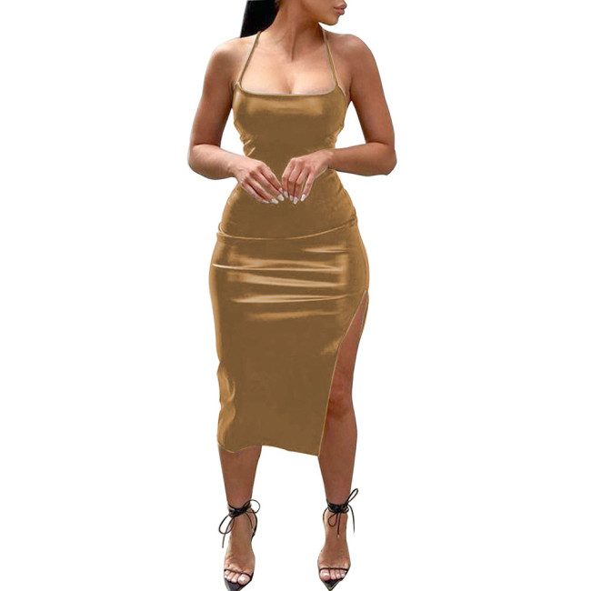 Wet Look Strapless Bodycon Midi Dress Office Lady Faux Leather OFF Shoulder Party Club Sexy Dress Summer Solid Night Streetwear