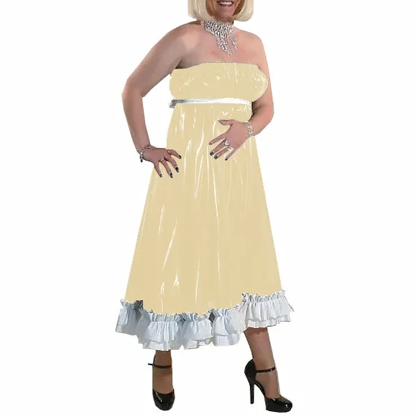 Women Long Party Evening Dresses PVC Leather Starpless Elegance Ankle-length Dress Female High Waist Ruffled Dresses Night Party