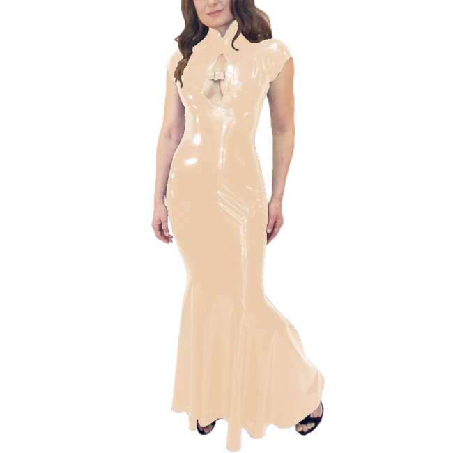 Wetlook Mermaid Dress Women Elegant Glossy PVC Leather Maxi Dress Party Sexy Stretch PU Slim Dresses Front Hollow Out Long Dress