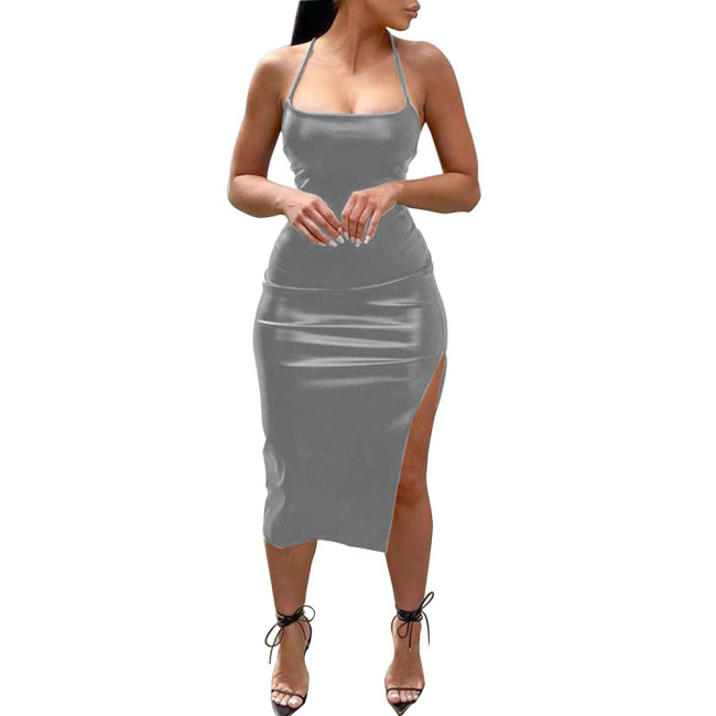 Wet Look Strapless Bodycon Midi Dress Office Lady Faux Leather OFF Shoulder Party Club Sexy Dress Summer Solid Night Streetwear