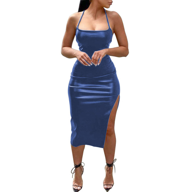 Wet Look Strapless Bodycon Midi Dress Office Lady Faux Leather OFF Shoulder Party Club Sexy Dress Summer Solid Night Streetwear